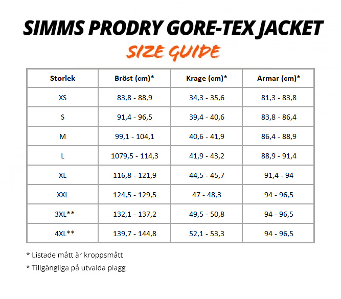 Simms jacket sale size chart